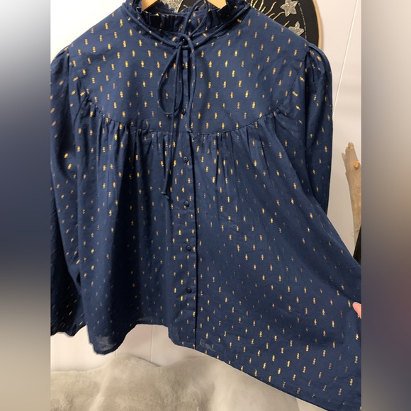 Emerson Fry India Collection Emmaline Top Blue Gold Metallic Blouse Maritime Dot - Picture 7 of 16